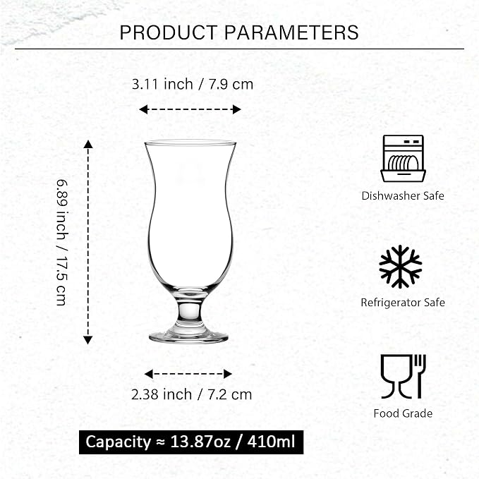 Hurricane Glasses Set of 6-14 oz Pina Colada Cocktail Glass - Clear Tulip Drinking Cups for Juices, Full-Bodied Beer, Tropical Drinks, Water, Beverages - Image 2