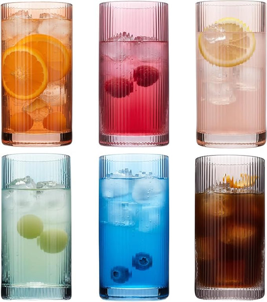 Physkoa Colored Ribbed Drinking Glasses Set of 6 - Vintage Highball Glasses Colorful,Embossed Ribbed Design Tumbler Glass for Cocktail,Juice,Mixed Drinks,Water,Holiday Party Supplies Gifts by Physkoa