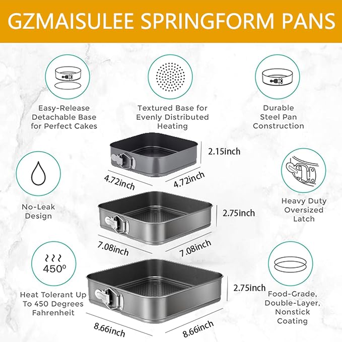 Springform Cake Pan Set of 3 (4, 7, 9 Inch) Square Leakproof Nonstick Cheesecake Pans with Removable Bottom Carbon Steel Bakeware - Image 2