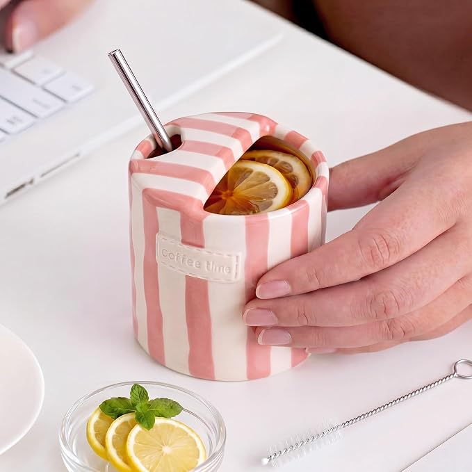 1 Pack Ceramic Coffee Mug with Sip Hole Espresso Cup 10oz with Straws Retro Hand Painted Striped Ceramic Iced Coffee Tea Travel Mug Latte Cup for Kitchen Dining (Simple,Pink) - Image 6