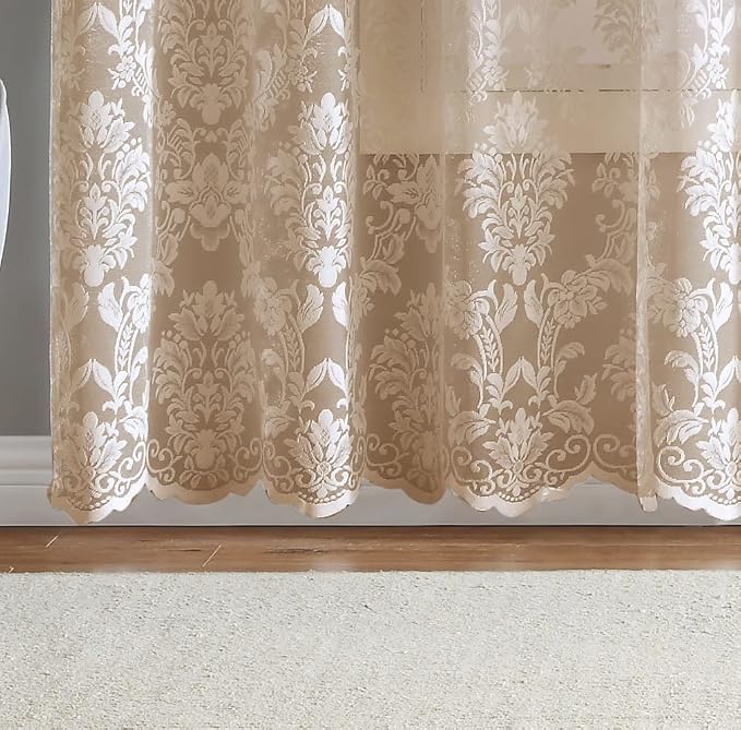 LinenZone 38 x 63 Luxury Linen Knitted Lace Curtains. (Lisa 38 x 63, Linen) | 2 Elegant Knitted Lace Curtains with Floral Damask Design and Scalloped Bottom in 63, 84 and 96 Inch Sizes. - Image 3