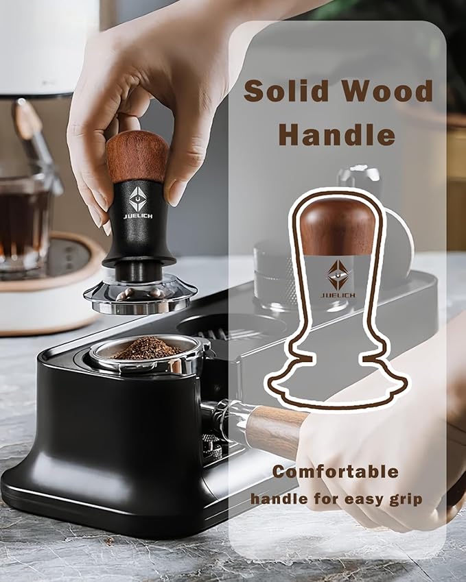 58mm Espresso Tamper with Wooden Handle – Spring-Loaded Coffee Distributor for Even Coffee Grounds – Barista Hand Tool, Stainless Steel Coffee Leveling Tool, Classic Coffee Accessories (58mm)