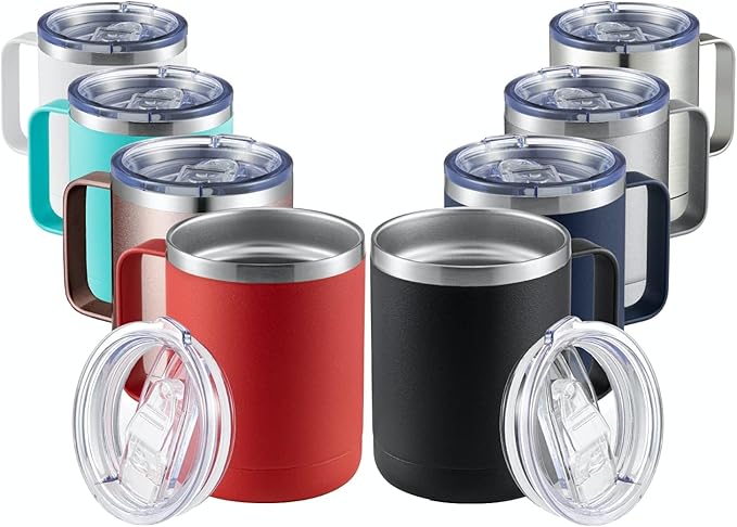 MEWAY 12oz Mix Color Mug With Handle 8 Pack Bulk,Stainless Steel Insulated Travel Tumblers With Sliding Lid,Double Wall Vacuum Camping Coffee Cup for Hot & Cold Drinks Tea (Mix,Set of 8) by MEWAY