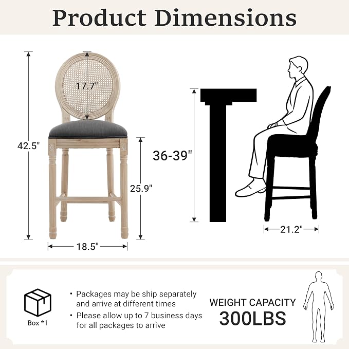 French Country Barstool, Linen Farmhouse Counter Height Chair | Set of 2, with Rattan Round Back and Solid Wood Legs, Oval Chairs for Restaurant, Bar, Kitchen, Café,Dark Grey - Image 3