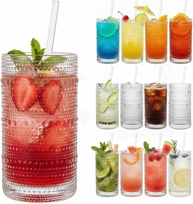 12-Piece Hobnail Drinking Glasses Set, 12 oz Large Vintage Highball Glassware with Straws, Heavy Textured Beaded Tall Tumblers for Water, Juice, Soda & Cocktails, Clear Retro Barware, Dishwasher Safe by Khen