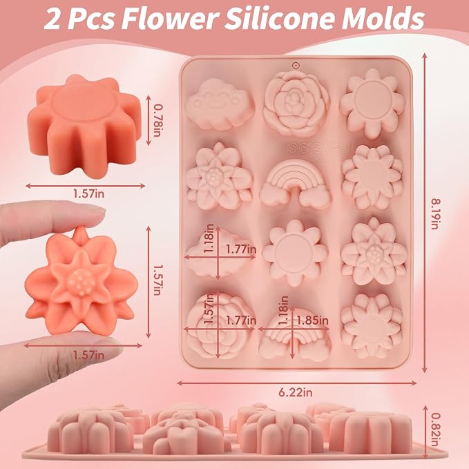 Flower Soap Molds Silicone for Soap Making, 2 Pcs, 24 Cavity | silicone molds soap candle making, With Cloud Rainbow for Chocolate, Candy, Ice Cubes, Cupcake Decorations, Jelly,Non-stick - Image 3