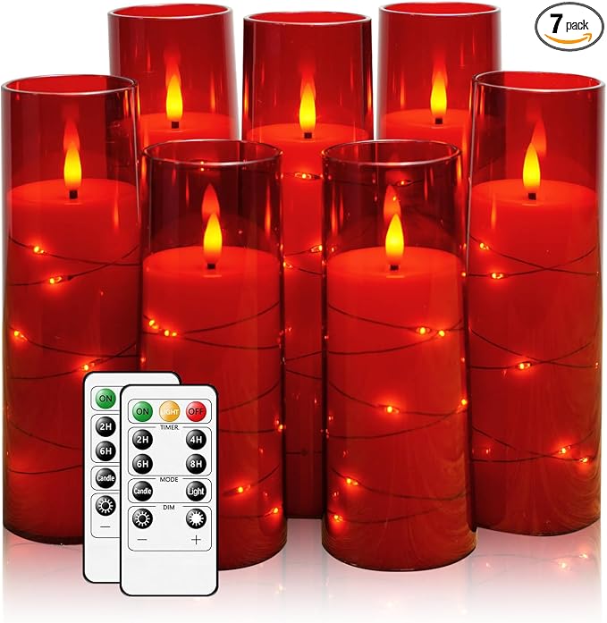 Flameless Candles,with Embedded Star String, Battery Operated Candles Flickering LED Pillar Candles with Remote Control and Timer, Home Decoration Add a Warm and Romantic Atmosphere，Set of 7 (Red) by sasigeiaa