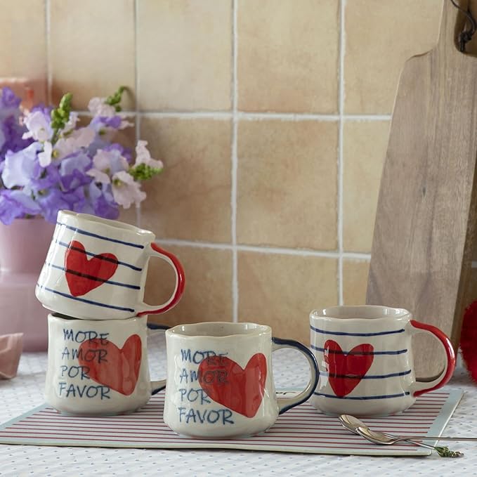Unique Coffee Mug Gift Set of 4 - Cute 16oz Ceramic Cups with More Amor Por Favor Heart Art, Colorful Handle Tea Mugs, Ideal Birthday or Housewarming Gift for Women & Coffee Lovers by DelightsGalore