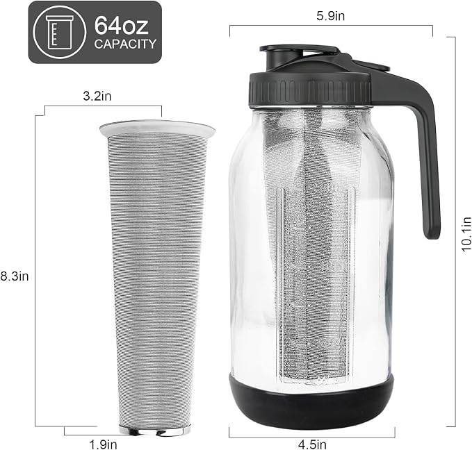 Cold Brew Coffee Maker, 64oz Mason Jar Pitcher with Stainless Steel Filter, Sealed, Leak-Proof Lid with Pour Spout & Handle, Heavy Duty Glass Iced Coffee Tea Brewer with Non-Slip Silicone Base-Black - Image 6