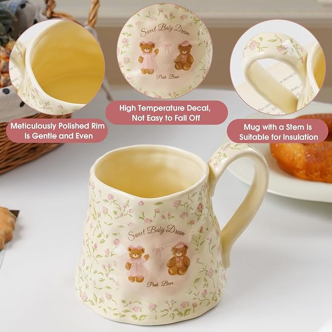 Cute Large Ceramic Coffee Mug Teddy Bear for Women, 20oz Girly Floral Mugs with Big Handle, Oversized Yellow Flower Cups for Birthday - Image 3