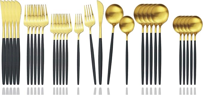 JASHII Flatware Silverware Set Stainless Steel Satin Finish Cutlery Set Service for 6, 30-Piece Spoons And Forks Kitchen Utensil Set, Dishwasher Safe (Matte Black handle gold) by JASHII