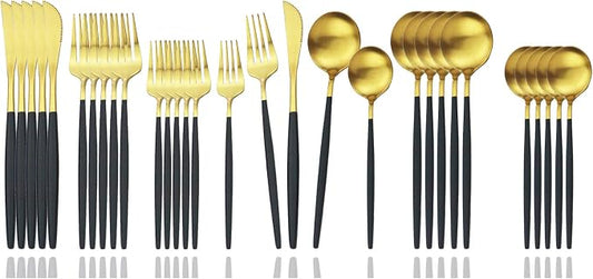 JASHII Flatware Silverware Set Stainless Steel Satin Finish Cutlery Set Service for 6, 30-Piece Spoons And Forks Kitchen Utensil Set, Dishwasher Safe (Matte Black handle gold) by JASHII