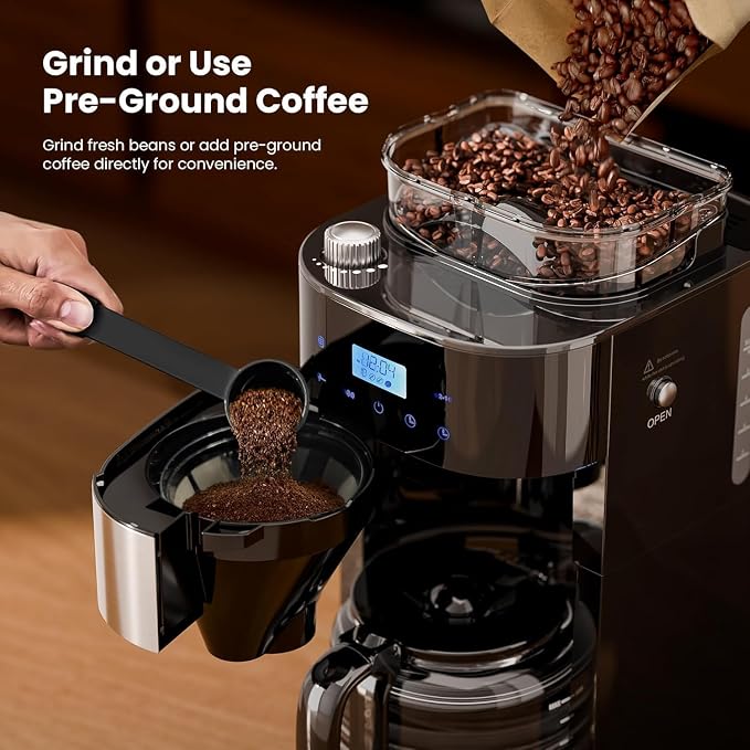 Kismile 10 Cup Drip Coffee Maker with Grinder Built In, Descaling Alert | Adjustable Grind & Brew Strength, 24H Timer, 2H Keep Warm, Reusable Filter & Glass Carafe - Image 2