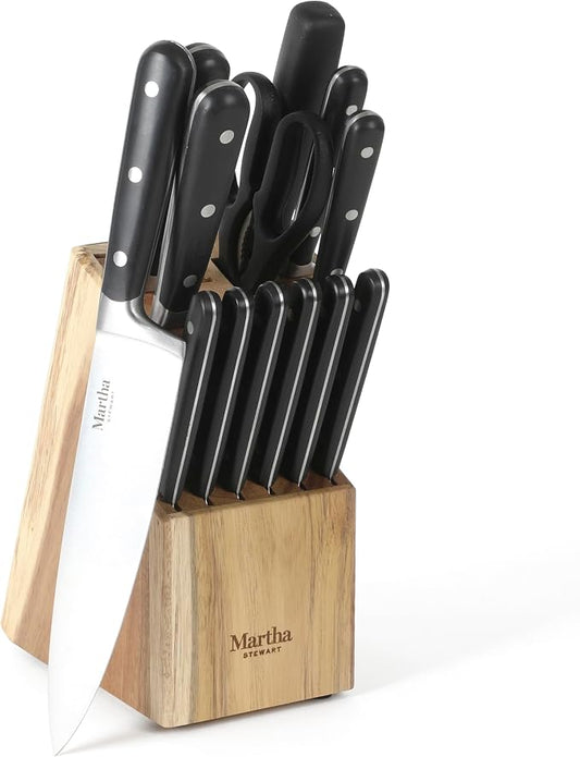 Martha Stewart Eastwalk 14 Piece High Carbon Stainless Steel Cutlery Knife Block Set w/ABS Triple Riveted Forged Handle Acacia Wood Block - Matte Black by MarthaStewart
