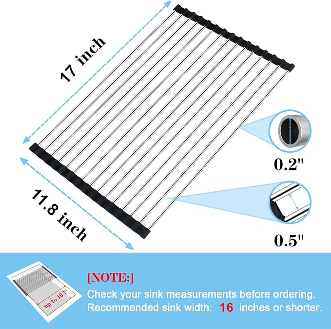 Seropy Roll Up Dish Drying Rack Over the Sink Drying Rack for Kitchen, Folding Dish Rack Over Sink Mat, Stainless Steel Dish Drainer Rack Kitchen Organizer Accessories Black 17"x11.8" - Image 3