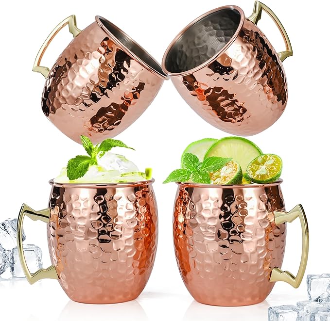 Amrules Moscow Mule Mugs Set of 4, 16 OZ Hammered Copper Cups with 304 Stainless Steel Lining and Gold Brass Handles, for Cold Drinks, Beer, Wine, Bars, Parties by Amrules