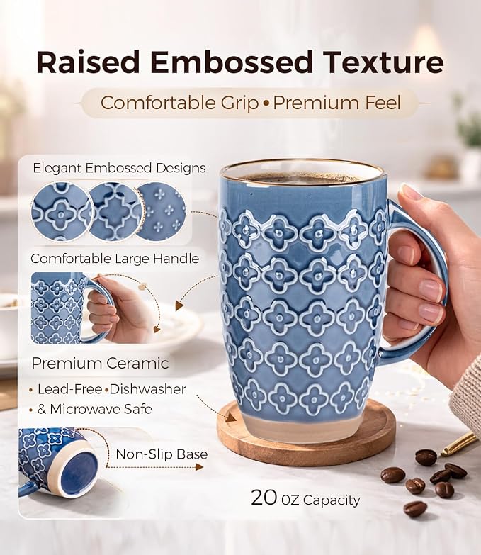 GBhome 20oz Large Coffee Mugs Set of 6, Handmade Tall Ceramic Coffee Mugs with Texture Patterns for Cappuccino, Latte,Hot Cocoa, Dishwasher & Microwave Safe-Moonlight Blue - Image 3