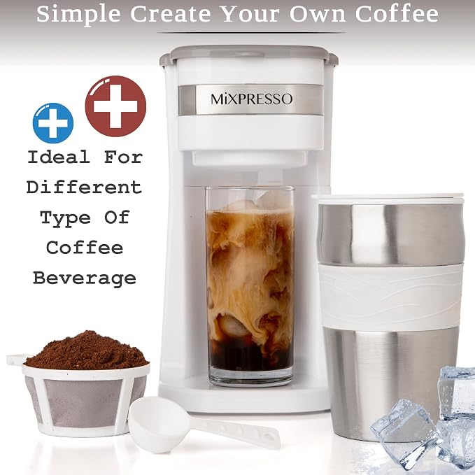Mixpresso Single Serve & Single Cup Coffee Maker with 14oz Travel Mug White | For ground coffee only, reusable filter, auto shut off. Compact personal drip coffee maker, not compatible with K-Cup pods. - Image 2
