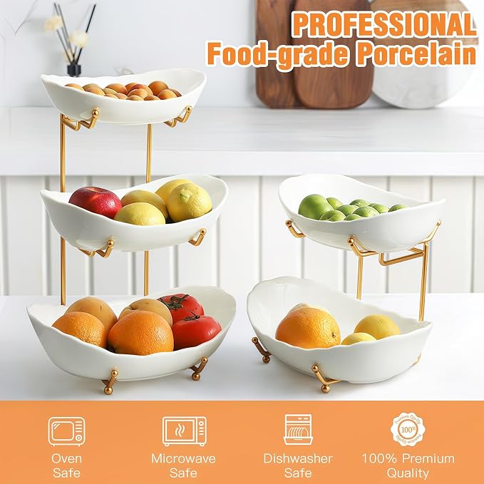Ceramic Fruit Bowl for Kitchen Counter - 3 Tier Fruit Basket with Metal Stand, Tiered Fruit Stand for Countertop, Snack, Nuts, Cake, Dessert, Cute (Gold, Small) 1 - Image 2