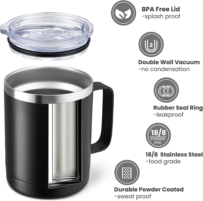 MEWAY 12oz Coffee Mug With Handle and Sliding Lid,Stainless Steel Travel Tumbler Cup with Handle,Double Wall Vacuum Insulated Camping Cup for Hot & Cold Drinks Tea (Black,Set of 1 - Image 2