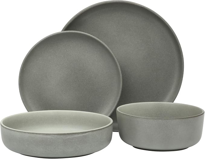 Gibson Elite Pasco 16 Piece (Service for 4) Plates and Bowls Double Bowl Reactive Glaze Dishes Stoneware Ceramic Dinnerware Set - Grey - Image 5