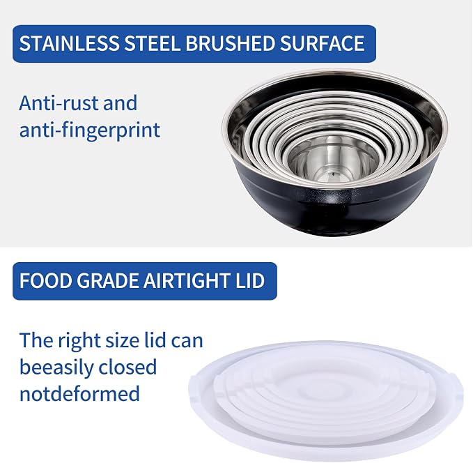 Black Mixing Bowls with Airtight Lids, Stainless Steel Nesting Mixing Bowls Set of 7, Ideal for Baking, Prepping and Serving Food, Size 7, 3.6, 2.7, 2.1, 1.5, 1.1,0.8 QT, Stackable Design - Image 4