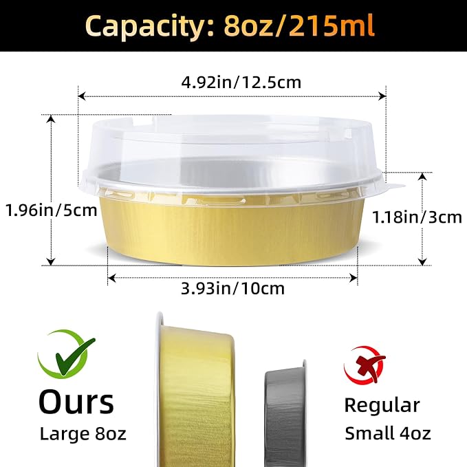Beasea Mini Pie Tins with Lids, 120 Pack 4 Inch 8oz Disposable Creme Brulee Ramekins Golden Mini Small Aluminum Foil Pie Tart Cake Baking Pans Individual Round Containers Oven Safe for Baking - Image 2