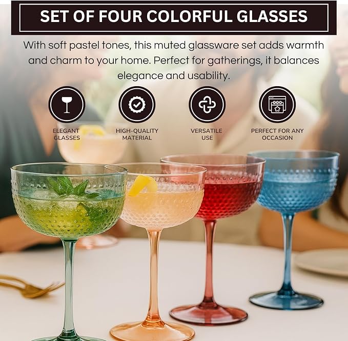 Khen Muted Hobnail Coupes Vintage Textured Pastel Style Cocktail Martini Champagne Saucer Retro Colored Glass Goblets Set of 4 10.15oz Durable Glassware Decorative Barware Classic Party Drink - Image 4