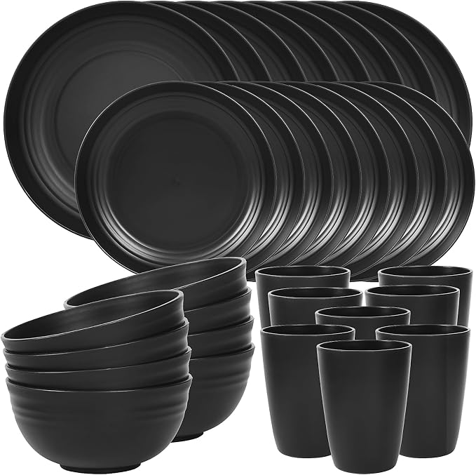 Quatish 32 Piece Plates and Bowls Sets for 8, Unbreakable Dinnerware Sets, Dish Set for Camping, Dishwasher Microwave Safe, Outdoor Kitchen and Apartment Dorm Dinning RV Essentials, Black by Quatish