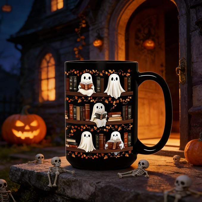 Halloween Ghost Reading Coffee Mug, Bookshelf Tea Cup, Black, 15oz | Ceramic, With Handle, Spooky Book Mug for Book Lovers & Readers, Novelty Festive Bookish Gift for Women, Friends, Coworkers - Image 7