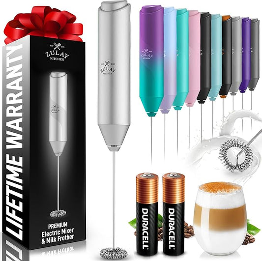 Zulay Kitchen Milk Frother Handheld with 2 Duracell AA Batteries – Electric Drink Mixer for Coffee, Lattes, Cappuccinos, Matcha & Hot Chocolate – Portable Foam Maker & Coffee Bar Accessory