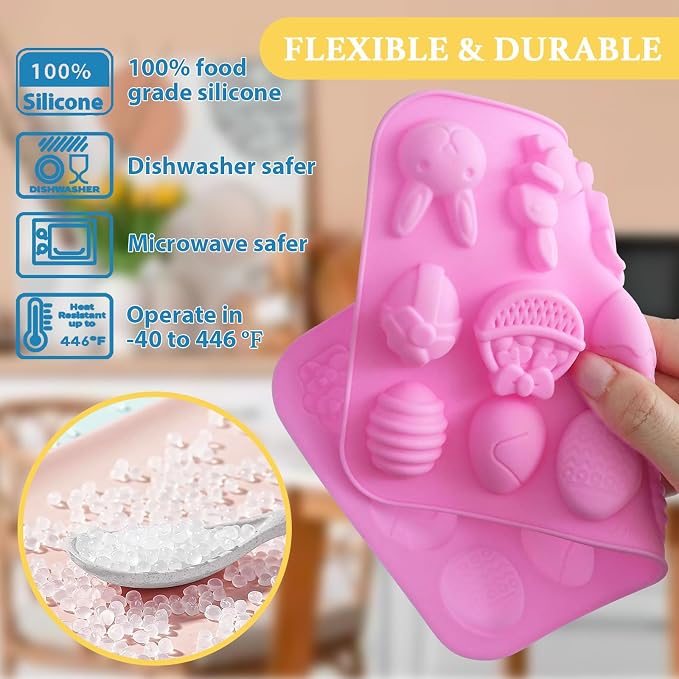 HKNMTT Easter Silicone Candy Mold 2-PACK 9 Shaped Egg Rabbit 72 Cavities Chocolate Mould Wax Melt Tray for Gummies Cupcake Decor Kids Holiday Gift Fudge Making Set - Image 3