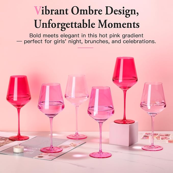Hot Pink Wine Glasses Set of 6– Colorful Stemmed Glasses in Mixed Shades of Pink,Pink Birthday Party Wine Glass,17OZ, Wedding Gift, Anniversary, Christmas, Mothers Day Gifts,Gifts for My Wife - Image 2
