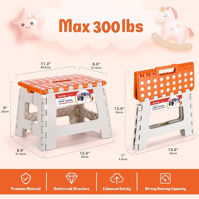 ACSTEP Folding Step Stool 9 Inch for Kids, 300 lbs, Bicolor Orange | Lightweight Plastic Small Foldable Step Stool with Handle, Non-Slip, for Kitchen, Bathroom, Bedroom and Closet - Image 4