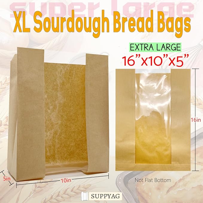Extra Large Paper Bread Bags for Homemade Bread with Window & Sticker for XL Sourdough Breads, Round Loaf, Baked Goods, Oval Loaves, Brown Kraft - 20 Pcs 16x10x5 Inch - Image 2