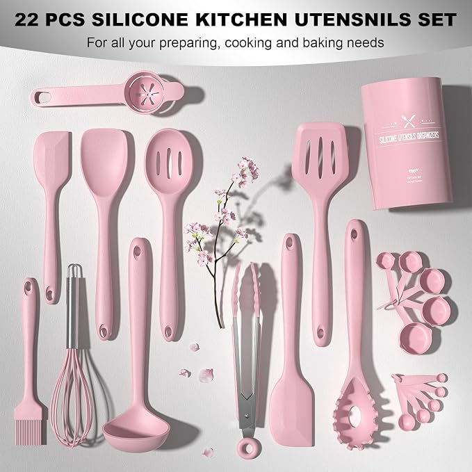 Umite Chef 22-Piece Silicone Cooking Utensils Set, Heat Resistant & Dishwasher Safe Kitchen Tools, Non-Scratch Spatula Set for Nonstick Cookware (Pink) - Image 5