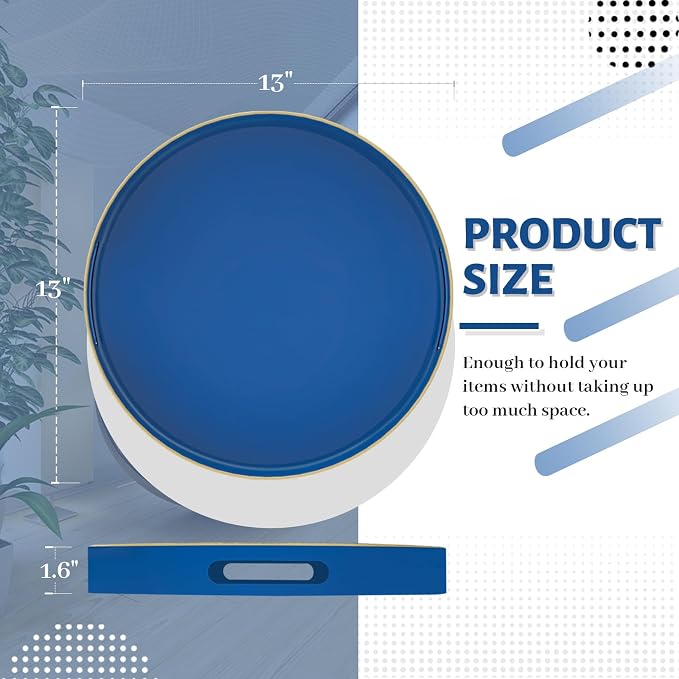 MAONAME 13" Blue Decorative Tray, Plastic Round Serving Tray with Handles | Decorative Tray for Coffee Table, Modern Ottoman Tray, Circle Tea Tray, Round Melamine Tray for Living Room, Bathroom - Image 2