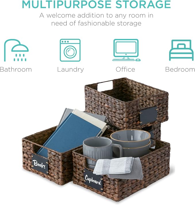 Best Choice Products Set of 4 9x12in Water Hyacinth Pantry Baskets, Woven Organizers w/Chalkboard Label, Chalk Marker - Brown - Image 6