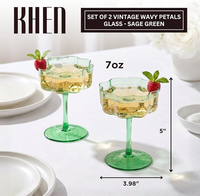 Flower Scalloped Vintage Wavy Petals Wave Glass Coupes 7oz Colorful Martini, Champagne & Cocktails, 2 Sage Green Set Amber Rippled Champagne Glasses, Elegant Bar Glassware, Aesthetic Coupe Glassware - Image 2