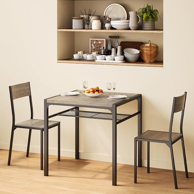 Gizoon 3-Piece Dining Table Set for 2, Small Kitchen Table & Chairs Grey | Compact grey 2-person dining set perfect for apartments. Features under-table storage rack and 2 chairs that tuck away. - Image 8