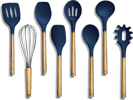 Country Kitchen Non Stick Silicone Utensil Set with Rounded Wood Handles for Cooking and Baking, 8 Piece Set, Navy by CountryKitchen