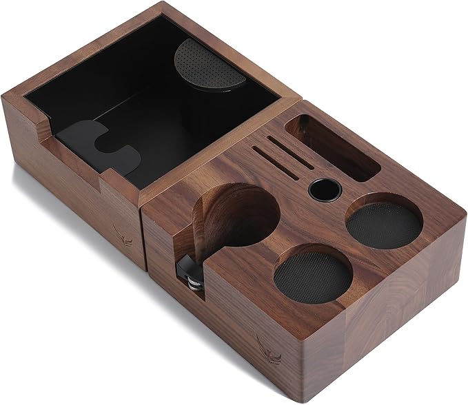 Espresso Knock Box and Tamping Station Kit 54mm for Breville Machines Walnut Compact Espresso Setup with Shock-Absorbent Coffee Grounds Dump Bin and Espresso Accessories Organizer