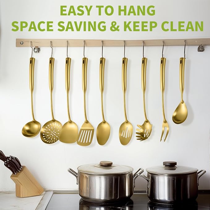 304 Stainless Steel Kitchen Cooking Utensils Set - 9 PCS Serving Utensils, Include Skimmer, Soup Ladle, Spaghetti Server, Wok Spatula, Slotted & Solid Spoon, Slotted Spatula Turner, Meat Fork (Gold） - Image 2