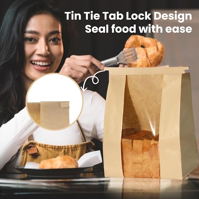 WIKDAY 50PCS Sourdough Bread Bags with Window for Homemade Bread Paper | Tin Tie Tab Lock, with Thank You Seal Sticker, Large, for Baked Food Packaging Storage Gift Giving 13.7x8.3x3.5in Home Baking - Image 2