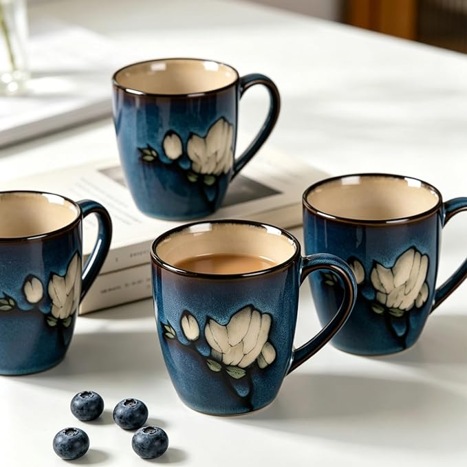 12oz Coffee Mugs Set of 4, Hand-Painted Floral Stoneware Cups with Handle, Dishwasher Microwave Oven Safe, Cappuccino Mugs for Latte, Tea, Espresso & Hot Cocoa, for Home Kitchen & Cafe, Dark Blue - Image 7
