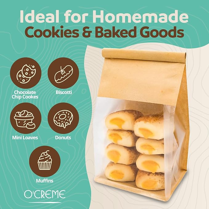 O’Creme 50 Pcs. Small Bakery Bags with Window, Cookie Bags Brown Paper Bag with Resealable Tin Tie Tab for Cookies, Treats, Baked Goods, Muffins, Pastries, Granola, Coffee Beans (11”x5”x4”) - Image 6