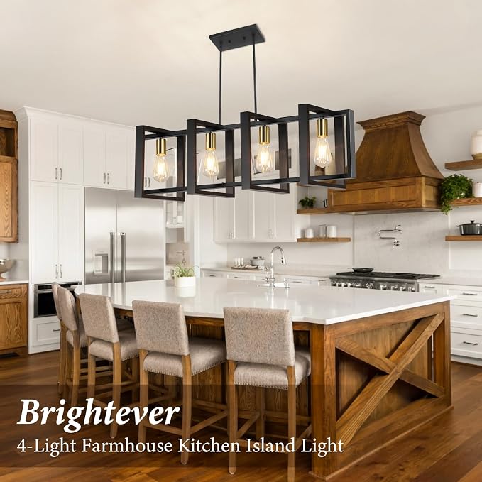 4-Light Dining Room Light Fixture, 53’’ Farmhouse Wood Chandelier Kitchen Island Lighting Over Table, Modern Black Gold Rectangular Hanging Pendant Light Fixture for Living Room, E26 Sockets - Image 3
