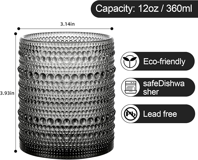 ZMOWIPDL Drinking Glasses Set of 6,12oz Grey Hobnail Glass Cups | Vintage Glassware，Embossed Water Tumbler,for Beer,Cocktail,Whiskey,Juice and Various Mixed Drinks- 1 Cleaning Brush - Image 2