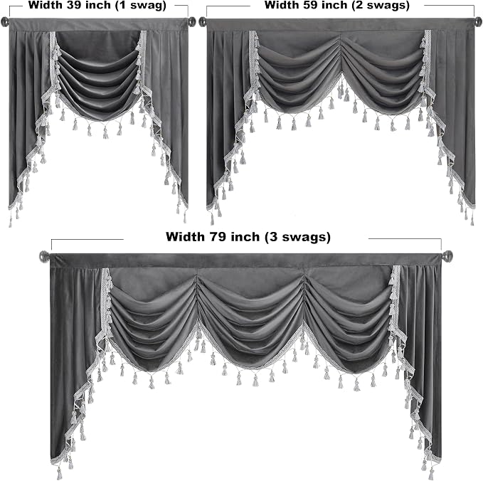 Grey Waterfall Velvet Valances W79 inches, 1 Panel | Super Luxury Waterfall Swag Valance for Kitchen, Living Room, Room Darkening Thermal Insulated Window Drapes for Bedroom - Image 5