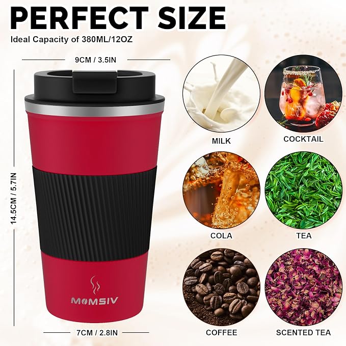 MOMSIV 12oz Travel Coffee Mug, Insulated Coffee Cup with Leakproof Lid | 6-Hour Heat Retention, 360°Leak proof, Vacuum Stainless Steel Double Walled, BPA-free, Reusable And To Go Coffee Mug - Image 2